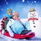 Little Girl and Boy Outdoors Sleding and Snowman Concept