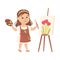 Little Girl with Brush and Drawing Easel Representing Artist Profession Vector Illustration