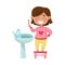 Little Girl Brushing Her Teeth Standing on Stool in Front of the Sink Vector Illustration