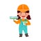 Little Girl Builder Wearing Hard Hat with Applicator Tool and Pail Vector Illustration