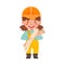 Little Girl Builder Wearing Hard Hat Holding Rolled Blue Print Vector Illustration