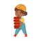 Little Girl Builder Wearing Hard Hat and Overall Carrying Stack of Bricks Vector Illustration