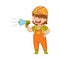 Little Girl Builder Wearing Hard Hat and Overall Shouting in Bullhorn Vector Illustration
