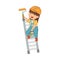 Little Girl Builder Wearing Hard Hat and Overall Standing on Ladder and Painting Wall with Roller Vector Illustration