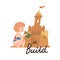 Little Girl Building Sand Castle as Verb Expressing Action for Kids Education Vector Illustration