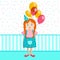 Little girl with a bunch of balloons celebrates birthday