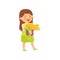 Little girl carries pile of dirty clothes to laundry. Adorable child helps with household chores. Flat vector