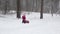 A little girl carries a tube downhill in the snow in winter. Tubing, family outdoor activities