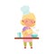 Little Girl Character in Hat and Apron Standing at Kitchen Table and Baking Cake Vector Illustration