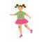 Little girl character rides on roller skates flat vector illustration isolated.