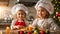 little girl a chef\\\'s hat prepares food kitchen, Christmas decorations funny childhood