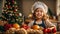 little girl a chef\\\'s hat prepares food kitchen, Christmas decorations funny cooking