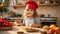 little girl a chef\\\'s hat prepares food kitchen, Christmas decorations home childhood