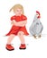 Little girl and a chicken sitting on a bench. Red clothes