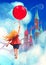 A little girl child is flying through the sky holding on to a big red balloon, she is heading to a fabulous multi-colored kingdom