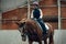 Little girl, child in uniform and helmet sitting on horse, raining, learning horseback riding activity on special arena