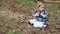 Little girl collects coniferous cones in the forest