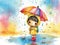 Little girl in colorful spring rain shower