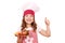 Little girl cook with chicken wings and thumb up