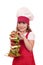 Little girl cook hold tall sandwich