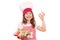 Little girl cook with sweet macarons and ok hand sign