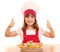 Little girl cook with thumb up and salmon seafood