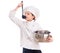 Little girl in cook uniform with pan and ladle