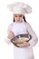 Little girl cook whips whisk eggs in a large plate