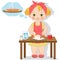 Little girl cooking a cake with jam