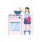 Little girl cooking food on kitchen stove, cartoon vector illustration isolated.