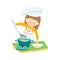 Little girl cooking a soup. Little chef. Vector hand drawn eps 10 clip art illustration isolated on white background.