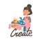 Little Girl Creating Doll Dress as Verb Expressing Action for Kids Education Vector Illustration