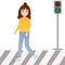 Little girl crossing road, green light of traffic light, rules for pedestrian, schoolgirl learning safety crossroad