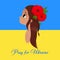 Little girl is crying on the background of the flag of Ukraine. Pray for Ukraine