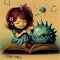 Little girl with a cute monster sitting on a book