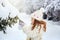 Little girl decorates the Christmas tree.