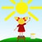 A little girl draws on blue sky a sun