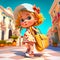 Little girl in dress and hat carrying yellow purse. Generative AI