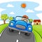 Little girl driving blue car on the