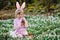 Little girl with Easter bunny ears making egg hunt in spring forest on sunny day, outdoors. Cute happy child with lots