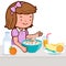 Little girl eating breakfast. Vector illustration.