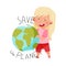 Little Girl Embracing Globe Sphere as Protection Sign Vector Illustration