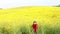 little girl enjoy in music on yellow field