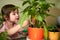 A little girl enthusiastically takes care of indoor plants. Selective focus