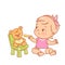 Little girl feed toy. Baby girl hold spoon, give food to teddy bear