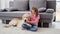 Little girl feeding dog from hands