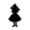 Little girl in festive dress corrects crown. Black silhouette isolated on white background. Concept. Vector illustration