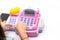 Little girl fingers pressing toy calculator