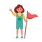 Little girl with flag. Girl scout. Camping, summer kids camp concept. Vector illustration