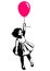 Little girl floating ion red balloon street art graffiti style